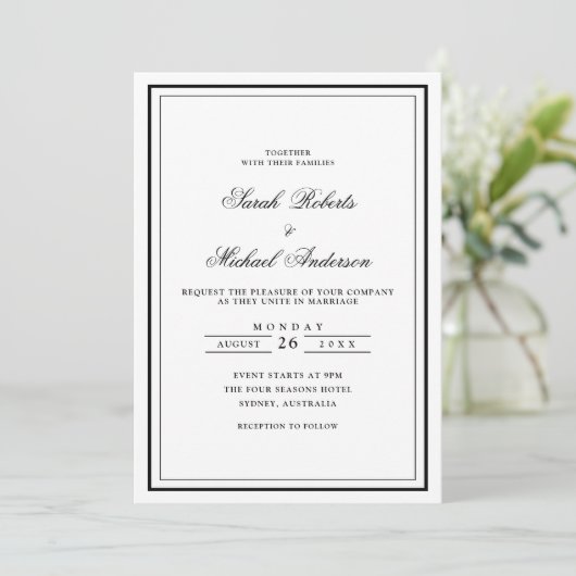 Minimal Modern Stijlvol Zwart Script Lijst Wedding Kaart (Staand voorkant)