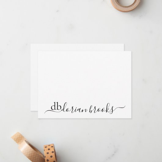 Minimal Modern Swash Script Monogram met Initialen Notitiekaartje (Voorkant / Achterkant in situ)