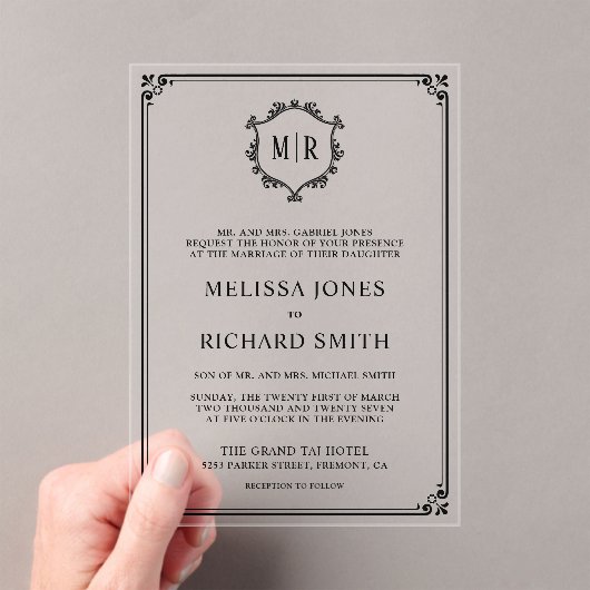 Minimal Monogram Crest Lijst Zwart Trouwen Acryl Uitnodigingen (Insitu (Draagbaar))