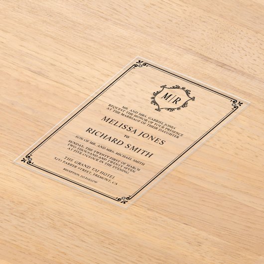 Minimal Monogram Crest Lijst Zwart Trouwen Acryl Uitnodigingen (Laagn)