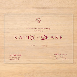 Minimal Monogram Deep Burgundy Script Wedding Acryl Uitnodigingen