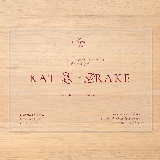 Minimal Monogram Deep Burgundy Script Wedding Acryl Uitnodigingen (Voorkant)