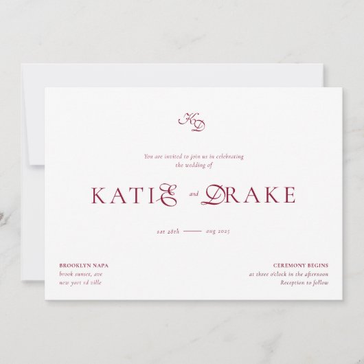 Minimal Monogram Deep Burgundy Script Wedding Kaart (Voorkant)
