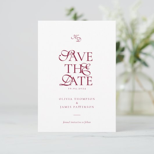 Minimal Monogram Deep Burgundy Script Wedding Save The Date (Staand voorkant)