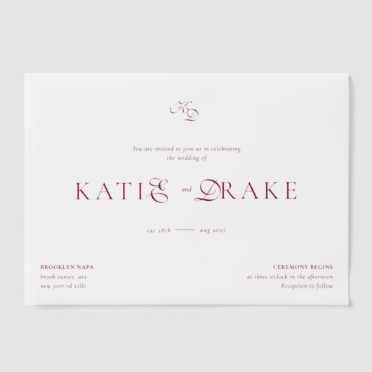 Minimal Monogram Deep Burgundy Script Wedding Vellum Uitnodigingen (Voorkant)