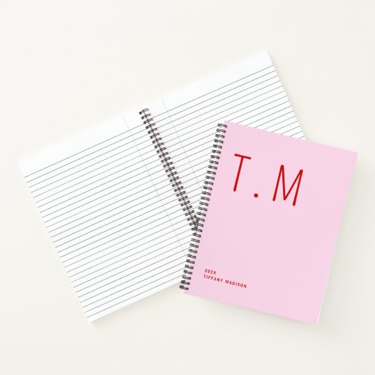 Minimal Monogram Pink and Red Custom Name Year Notitieboek (Binnen)