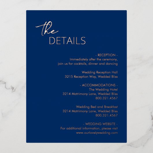 Minimal Navy Blue Modern Wedding Folie behuizing Folie Uitnodiging Briefkaart (Voorkant)
