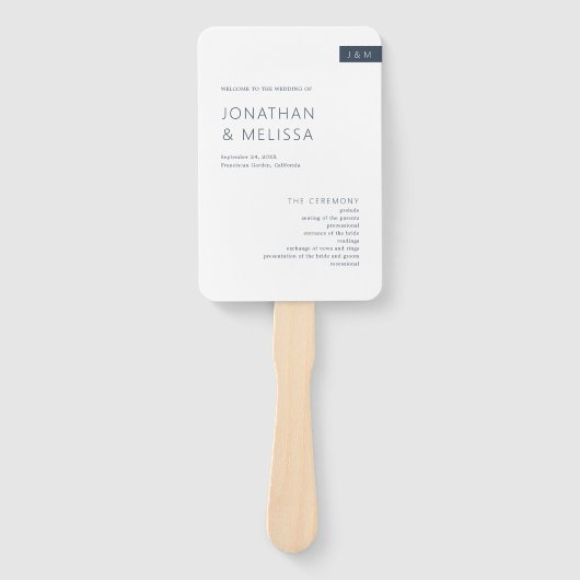 Minimal Navy Blue & White Monogram Wedding Program Handwaaier (Voorkant)