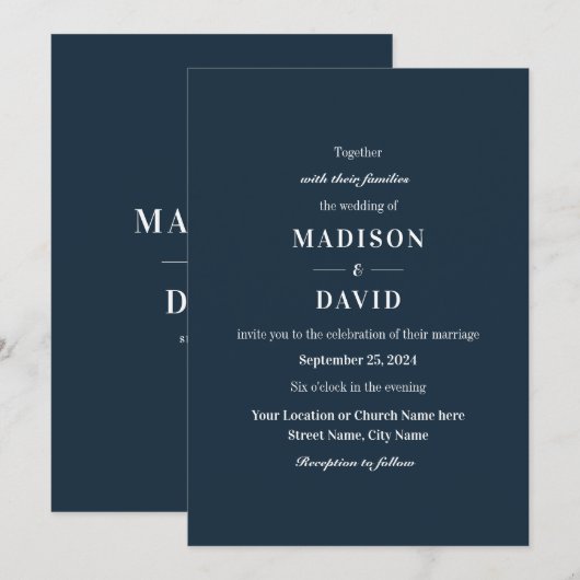 Minimal Navy Modern Classic Wedding Kaart (Voorkant / Achterkant)