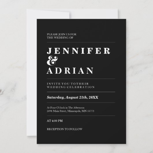 Minimal Noir Moderne Simple Mariage Invitations (Dos)