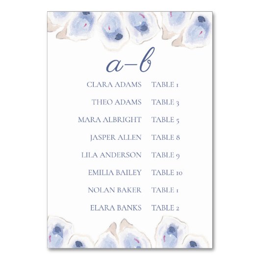Minimal Oyster Alphabet Seating Chart Card Kaart (Voorkant)