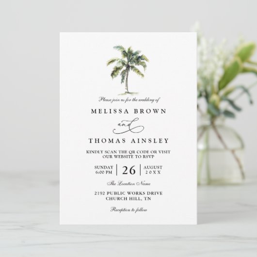 Minimal Palm Tree Tropical Beach QR Code Wedding Kaart (Staand voorkant)