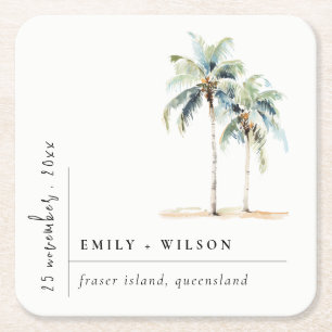 Minimal Palm Trees Waterverf Tropical Wedding Vierkante Kartonnen Onderzetter