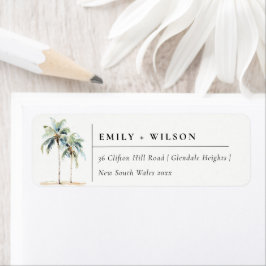 Minimal Palm Trees Waterverf Tropisch Adres Etiket