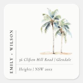 Minimal Palm Trees Waterverf Tropisch Adres Vierkante Sticker