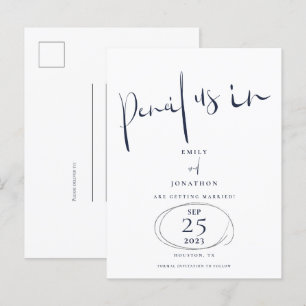 Minimal Pencil US in Script Navy Bewaar de datum Aankondigingskaart