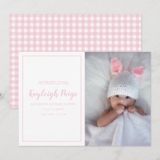 Minimal Pink Gingham Controleer patroon foto geboo Aankondiging