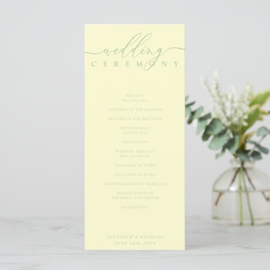Minimal Pistachio & Cream Script Wedding Ceremony Programma (Staand voorkant)