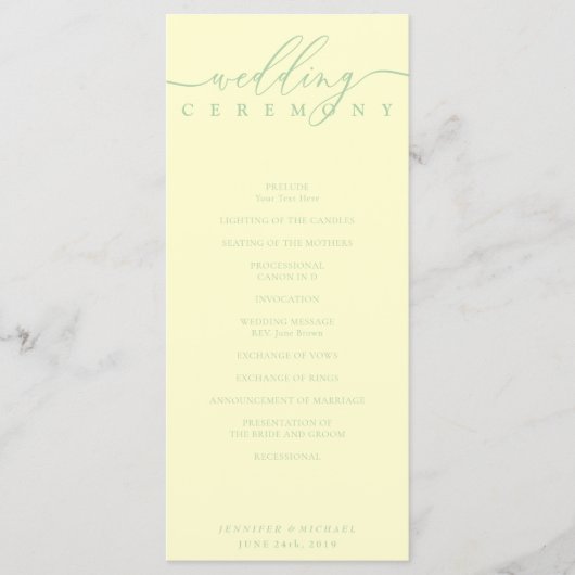 Minimal Pistachio & Cream Script Wedding Ceremony Programma (Voorkant)