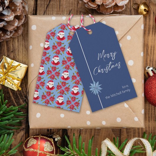 Minimal Poinsettia Blue Santa Vrolijk Kerstfeest Cadeaulabel