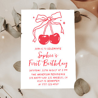 Minimal Red Bow Cherry Fruit 1st Birthday Party Kaart