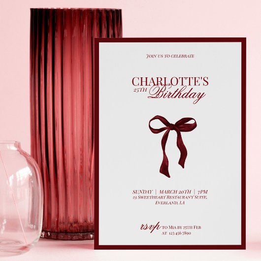 Minimal Red & Burgundy Bow Birthday Invitation