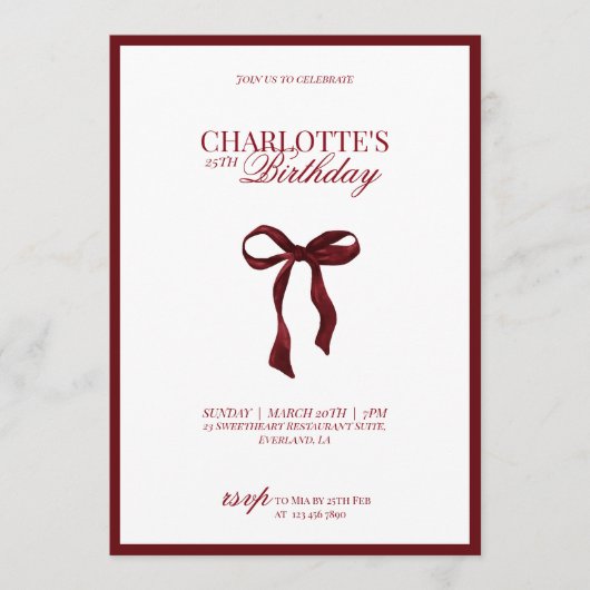 Minimal Red & Burgundy Bow Birthday Invitation (Devant)