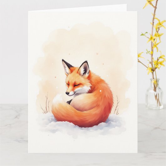Minimal Red Fox Snowfall Watercolor Christmas Art Kaart (Gele Bloem)