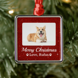 Minimal Red Glitter Pet Foto Vrolijk Kerstfeest Metalen Ornament