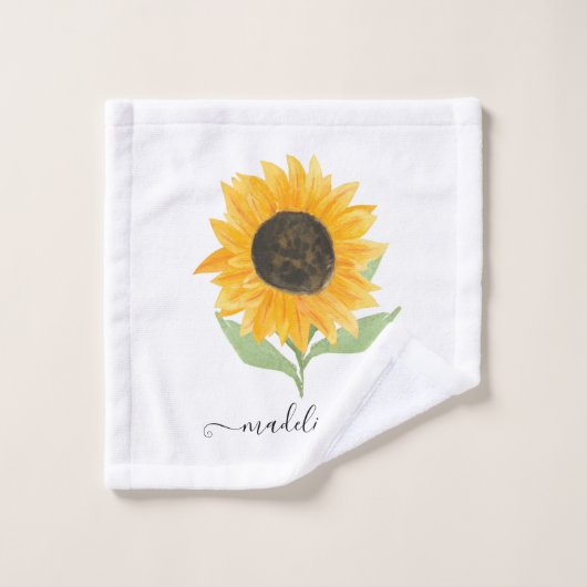 Minimal Rustic Sunflower Personalized Name Script Bad Handdoek (Wasdoekje)