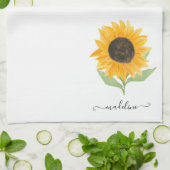 Minimal Rustic Sunflower Personalized Name Script Theedoek (Gevouwen)