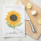 Minimal Rustic Sunflower Personalized Name Script Theedoek (Quarter Fold)