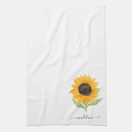Minimal Rustic Sunflower Personalized Name Script Theedoek (Verticaal)