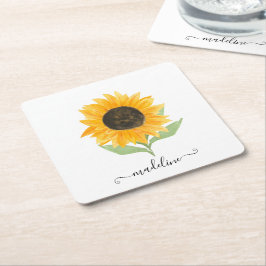 Minimal Rustic Sunflower Personalized Name Script Vierkante Kartonnen Onderzetter