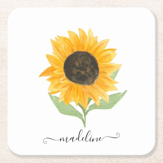 Minimal Rustic Sunflower Personalized Name Script Vierkante Kartonnen Onderzetter (Voorkant)