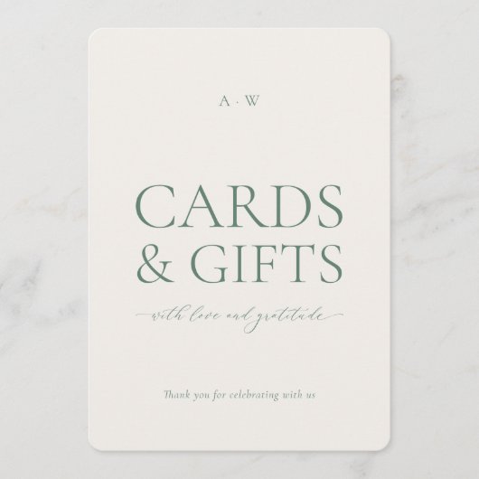 Minimal Sage Green Cards & Gifts Wedding Sign Kaart (Voorkant)