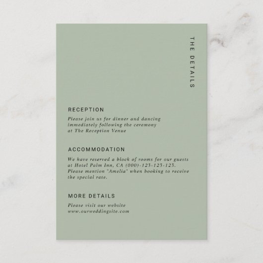 Minimal Sage Green Modern Simple Wedding Details Informatiekaartje (Voorkant)