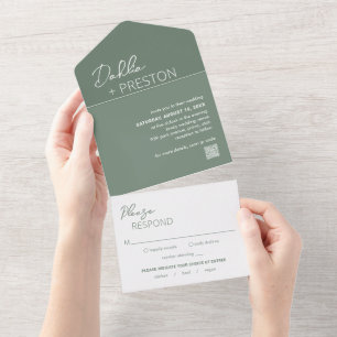 Minimal Sage Green QR Code Moderne bruiloft All In One Uitnodiging