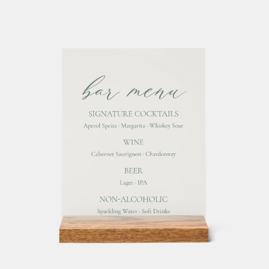 Minimal Sage Green Wedding Bar Menu  (Recto)