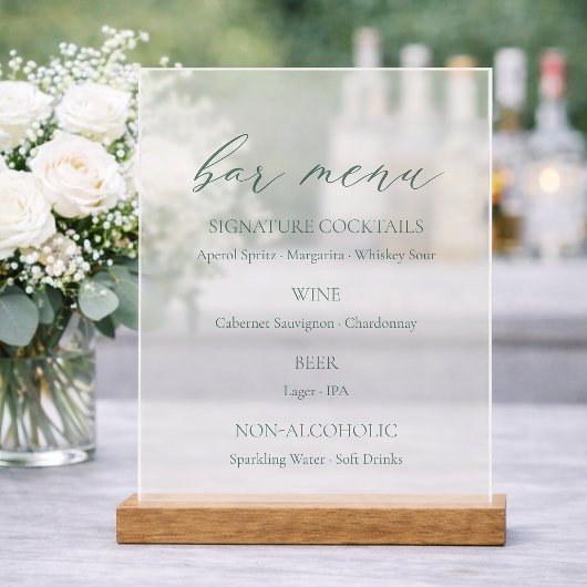 Minimal Sage Green Wedding Bar Menu Acryl Bord