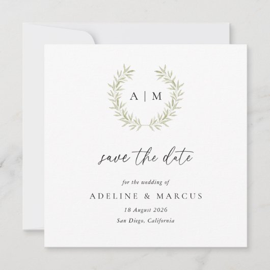 Minimal Sage Wreath Save the Date Kaart (Voorkant)