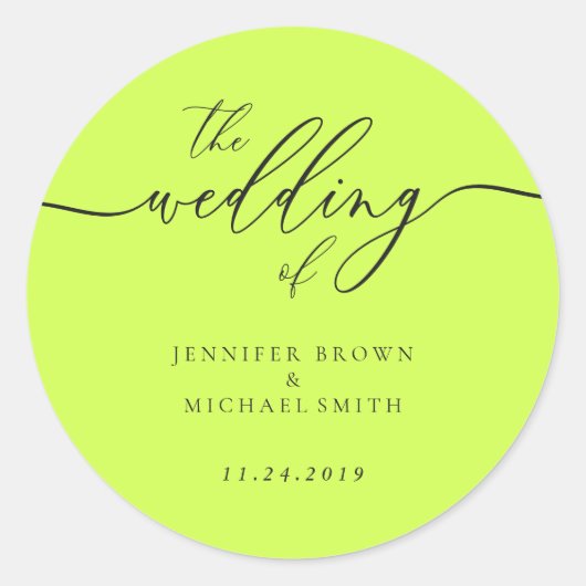 Minimal Script Cyber Lime Jet Black Wedding Ronde Sticker (Voorkant)