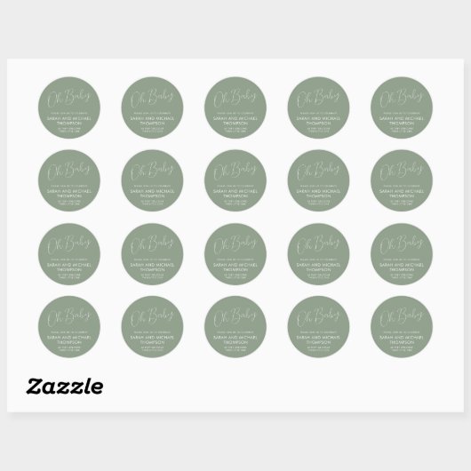 Minimal Script Sage Green Oh Baby Ronde Sticker (Vel)