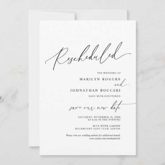Minimal Simple, invitation de mariage reprogrammée (Devant)