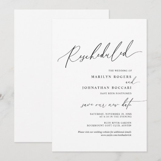 Minimal Simple, invitation de mariage reprogrammée (Devant / Derrière)