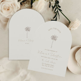 Minimal Taupe Palm Tree Beach Save The Date Kaart