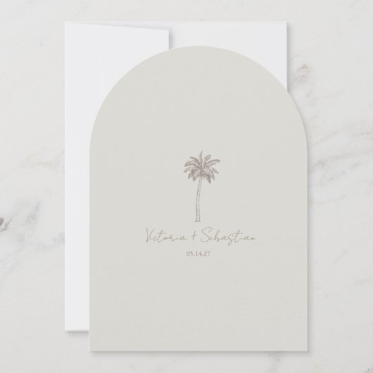 Minimal Taupe Palm Tree Beach Save The Date Kaart (Achterkant)