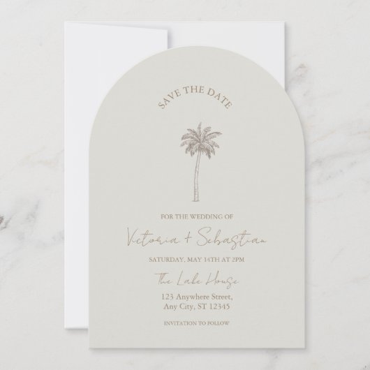 Minimal Taupe Palm Tree Beach Save The Date Kaart (Voorkant)
