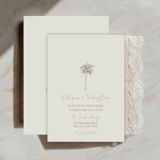 Minimal Taupe Palm Tree Beach Wedding Invitation Kaart