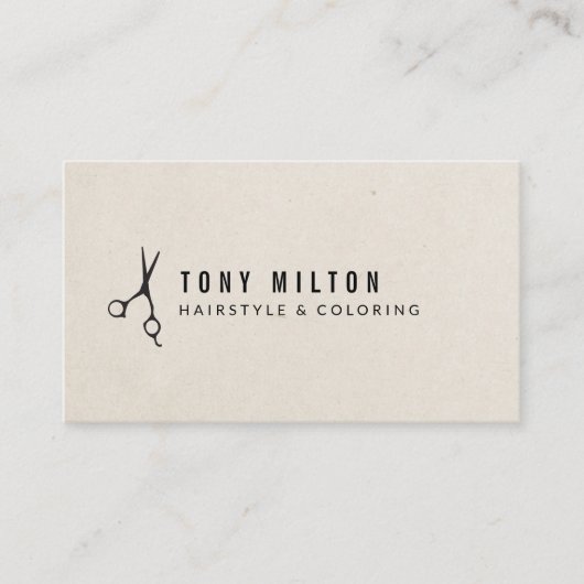Minimal Texture Beige Black Scissors Hairstylist Visitekaartje (Voorkant)